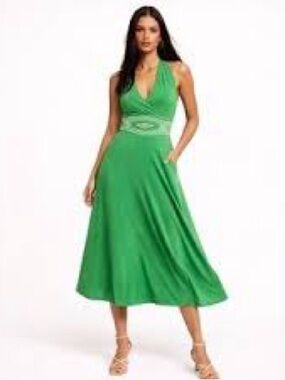 White House Black Market WHBM Green Halter Maxi Dress Size 12 Embroidered Waist